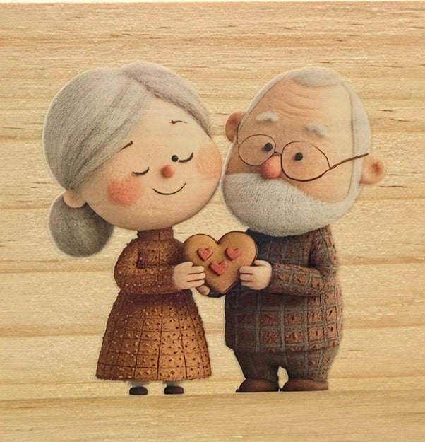 Cute Elderly Couple Wooden Coaster | Romantic Gift for Grandparents | Rustic Love Coaster