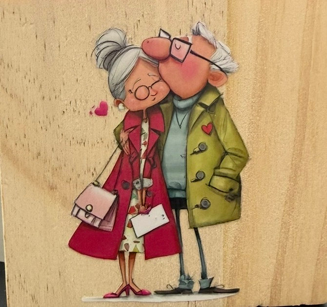 Cute Elderly Couple Wooden Coaster | Romantic Couple Coaster | Love & Companionship Gift
