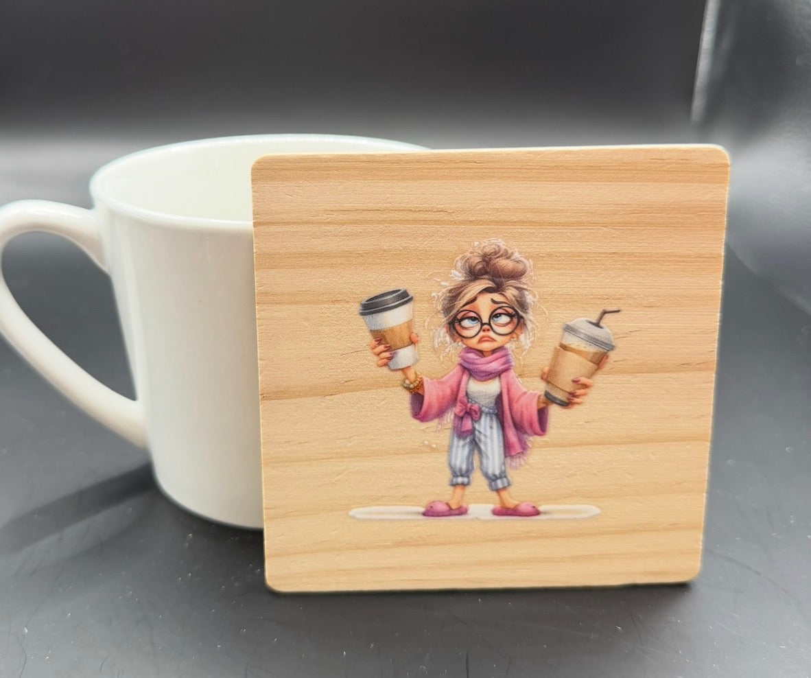 Tired Mum Coffee Coaster | Funny Wooden Drink Coaster | Gift for Busy Mums