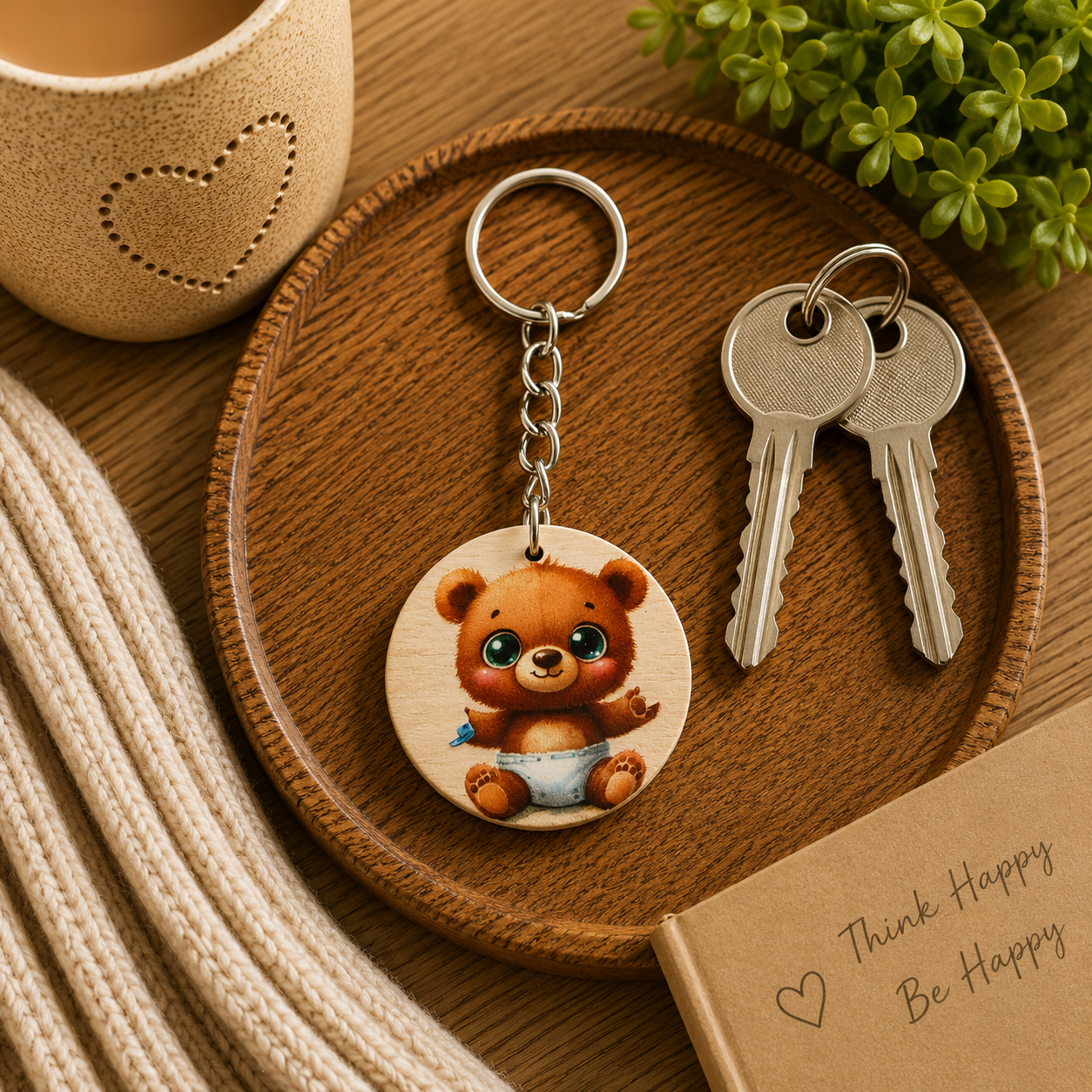 Cute Teddy Bear Wooden Keyring