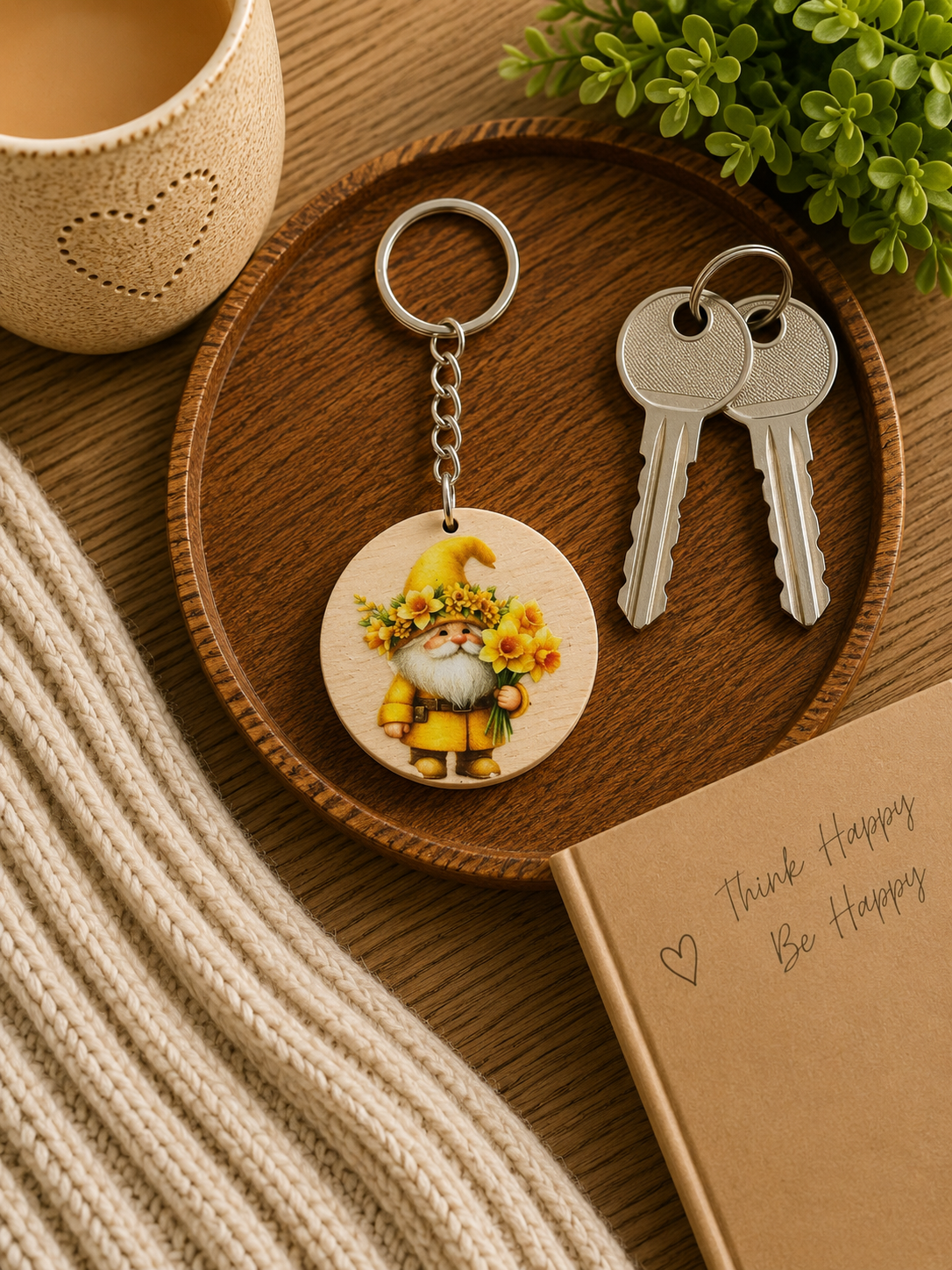 Spring Gnome Wooden Keyring