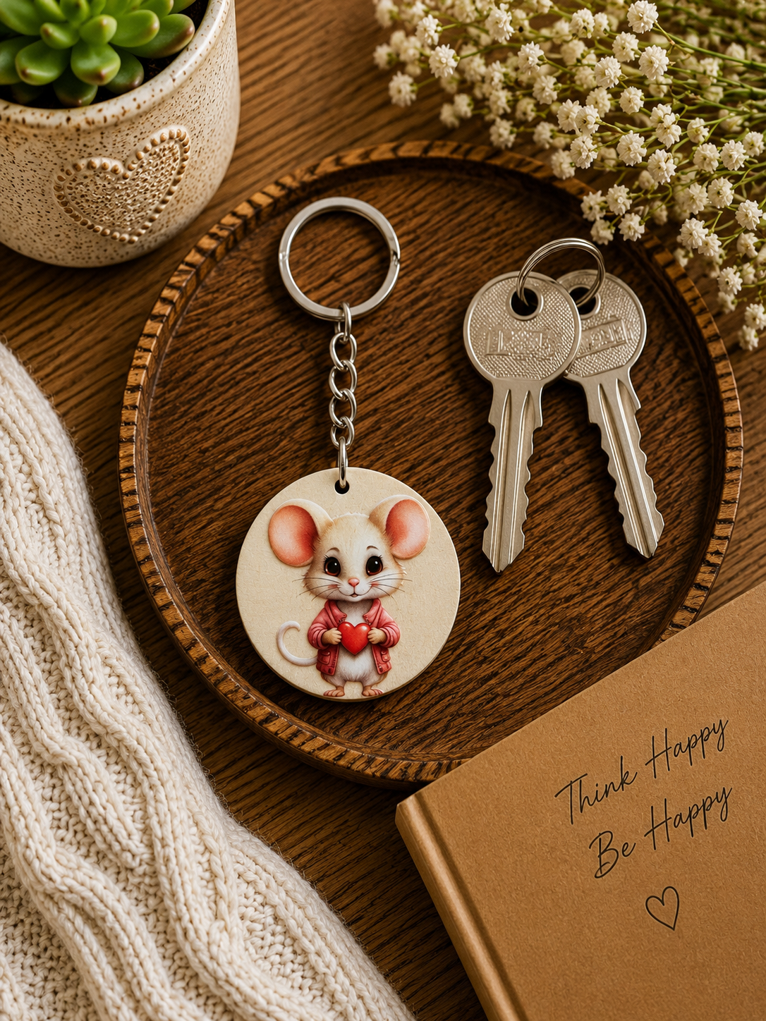 Cute Mouse Heart Wooden Keyring