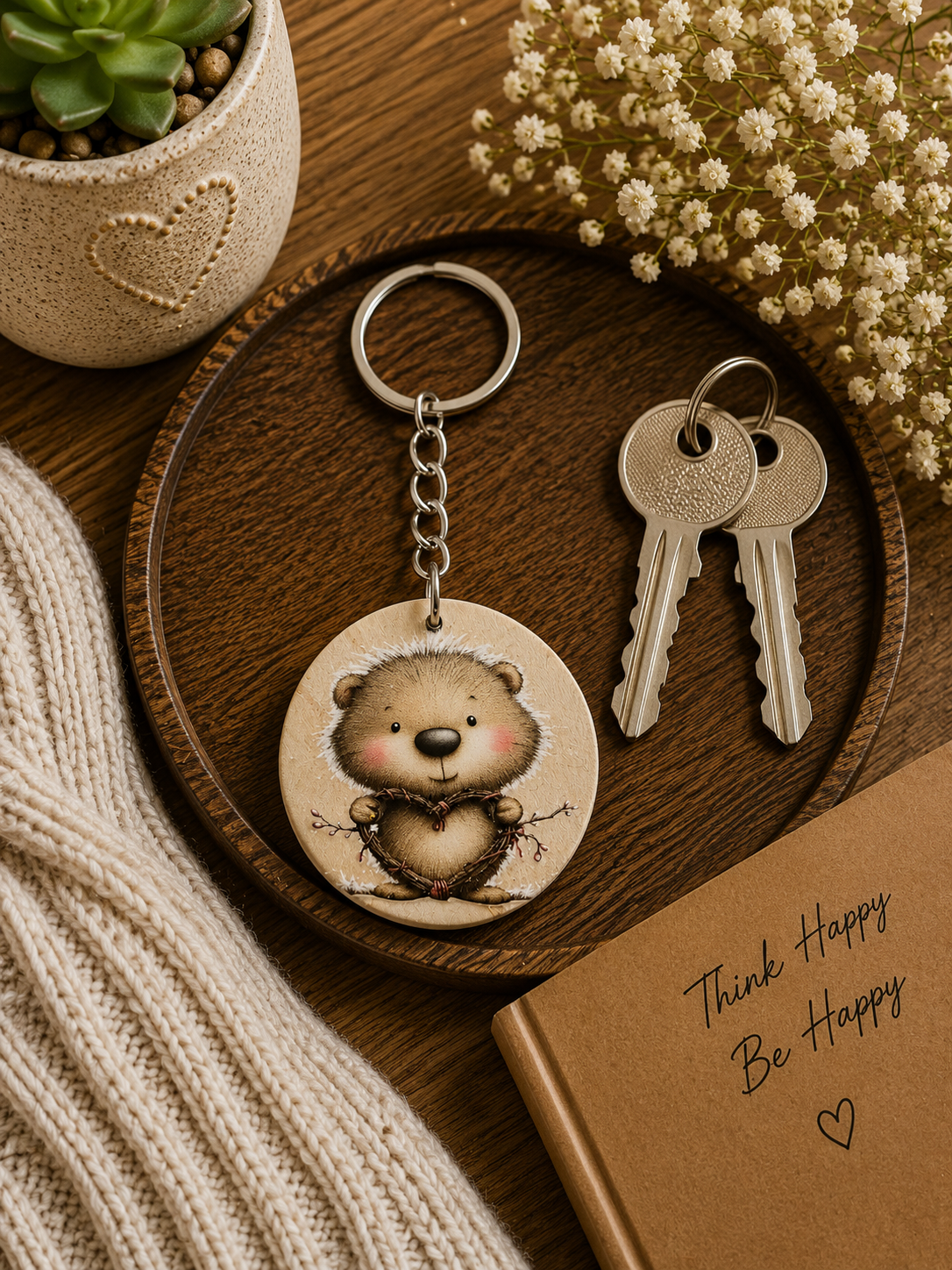 Woodland Bear Heart Wooden Keyring
