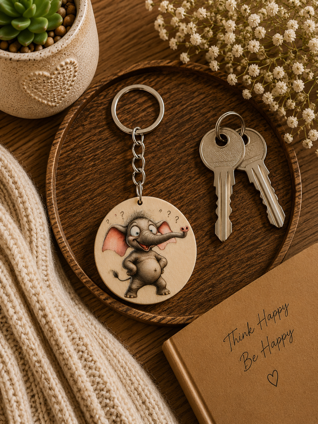 Funny Elephant Wooden Keyring