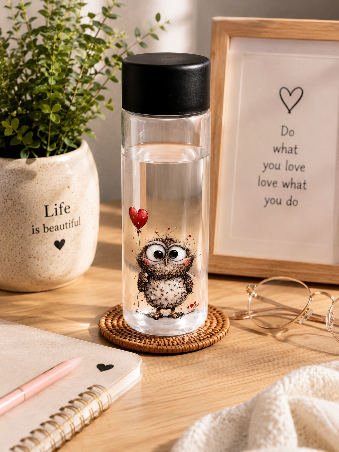 Cute Owl Plastic Water Bottle – Reusable Drinks Bottle