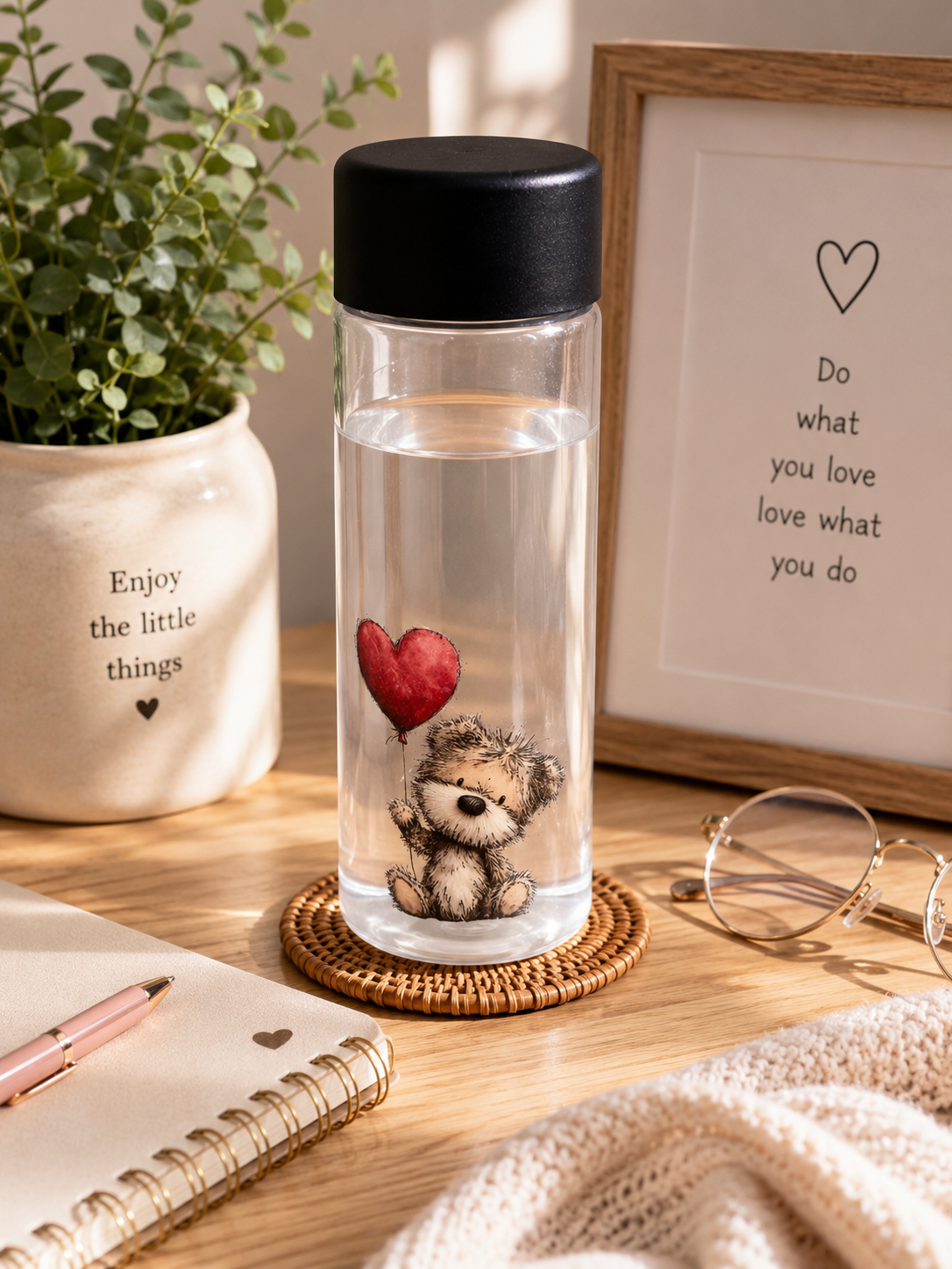 Teddy Bear Heart Balloon Plastic Water Bottle – Reusable Drinks Bottle