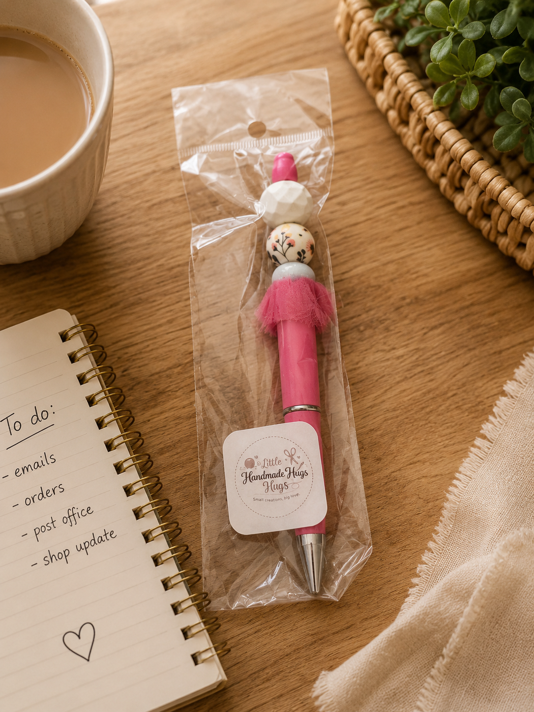 Pink Fluffy Beaded Pen – Handmade Gift Pen
