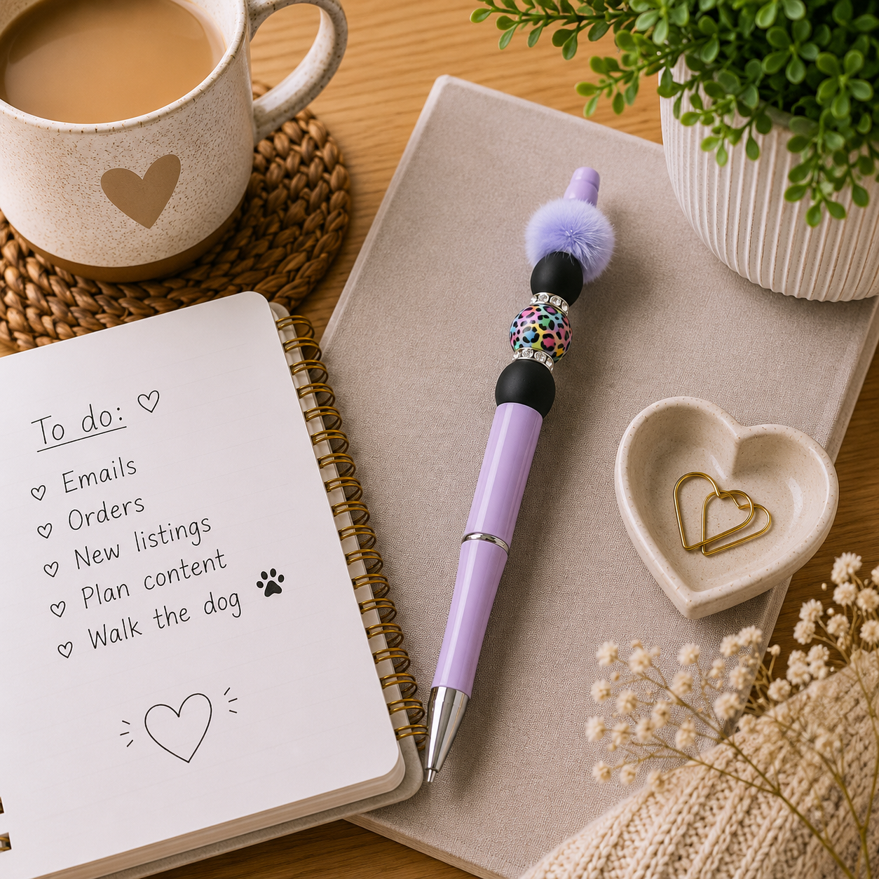 Pastel Rainbow Leopard Bead Pen with Fluffy Pom Pom