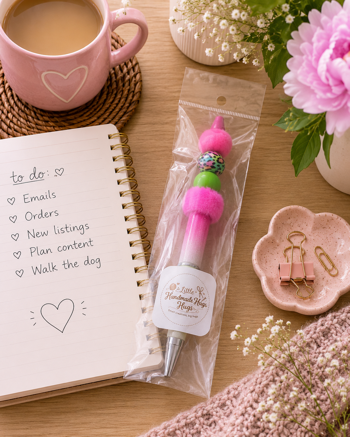 Pink & Lime Pom-Pom Beaded Pen – Handmade Glitter Ombre Pen with Leopard Print Accent Bead