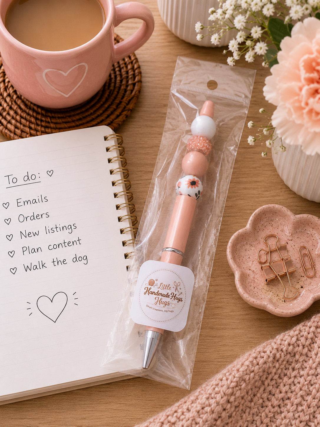 Peach Floral Beaded Pen | Handmade Decorative Ballpoint Pen