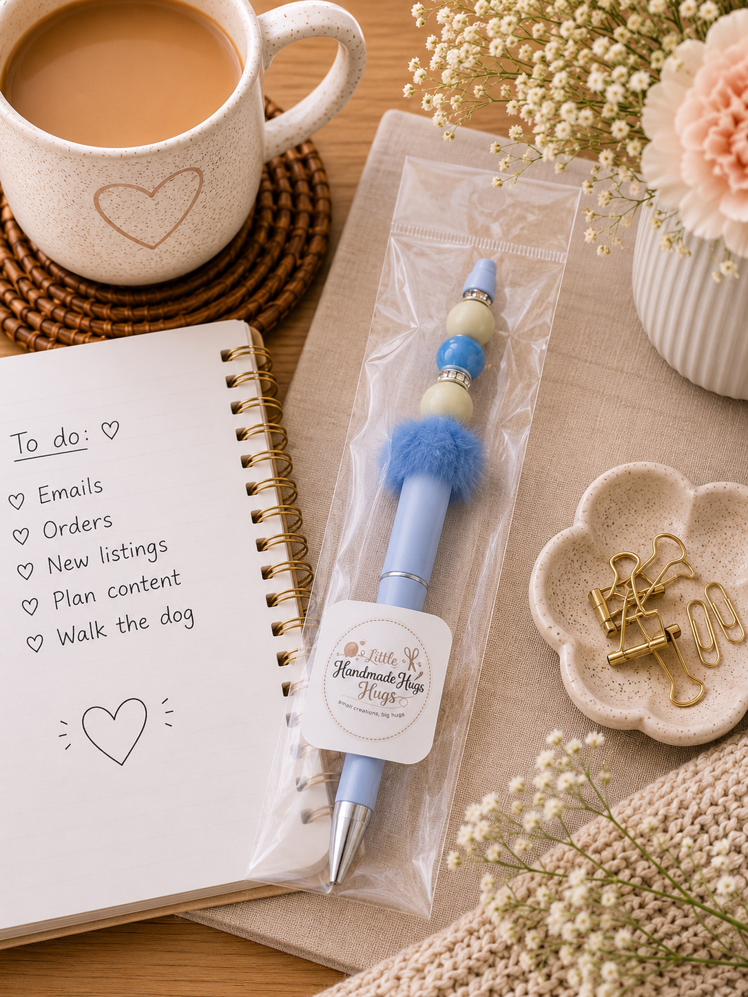 Baby Blue Pom-Pom Beaded Handmade Pen