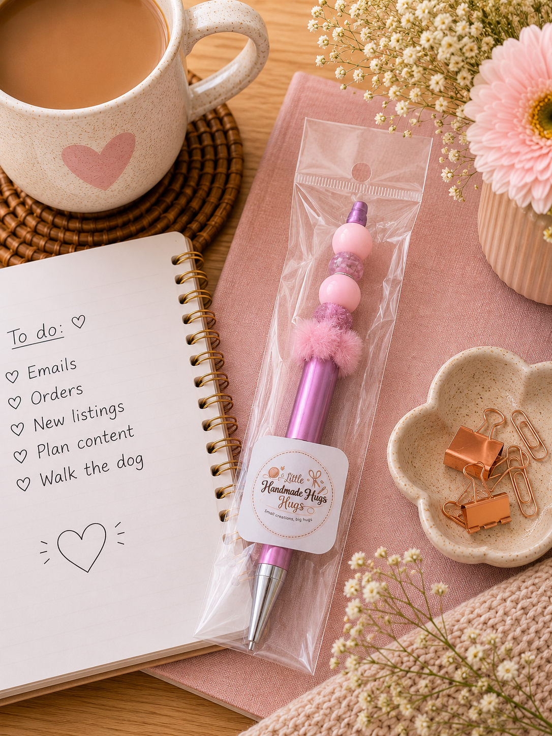 Pink Pom-Pom Beaded Pen | Handmade Stationery Gift