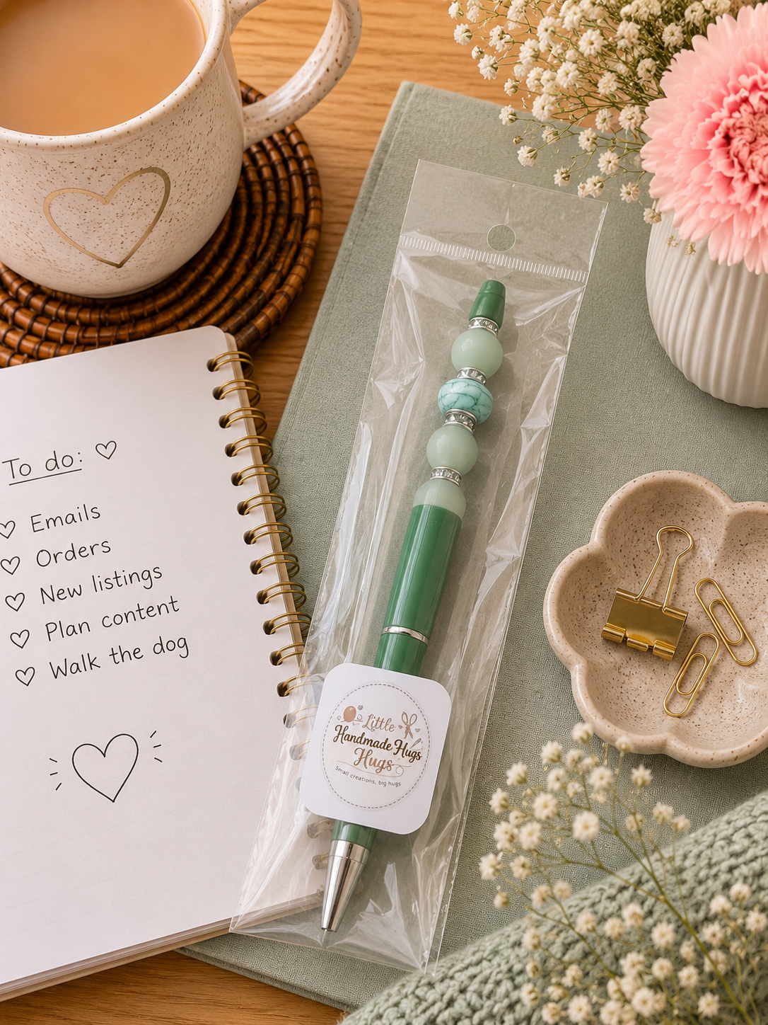 Green Marble Beaded Pen | Handmade Stationery Gift