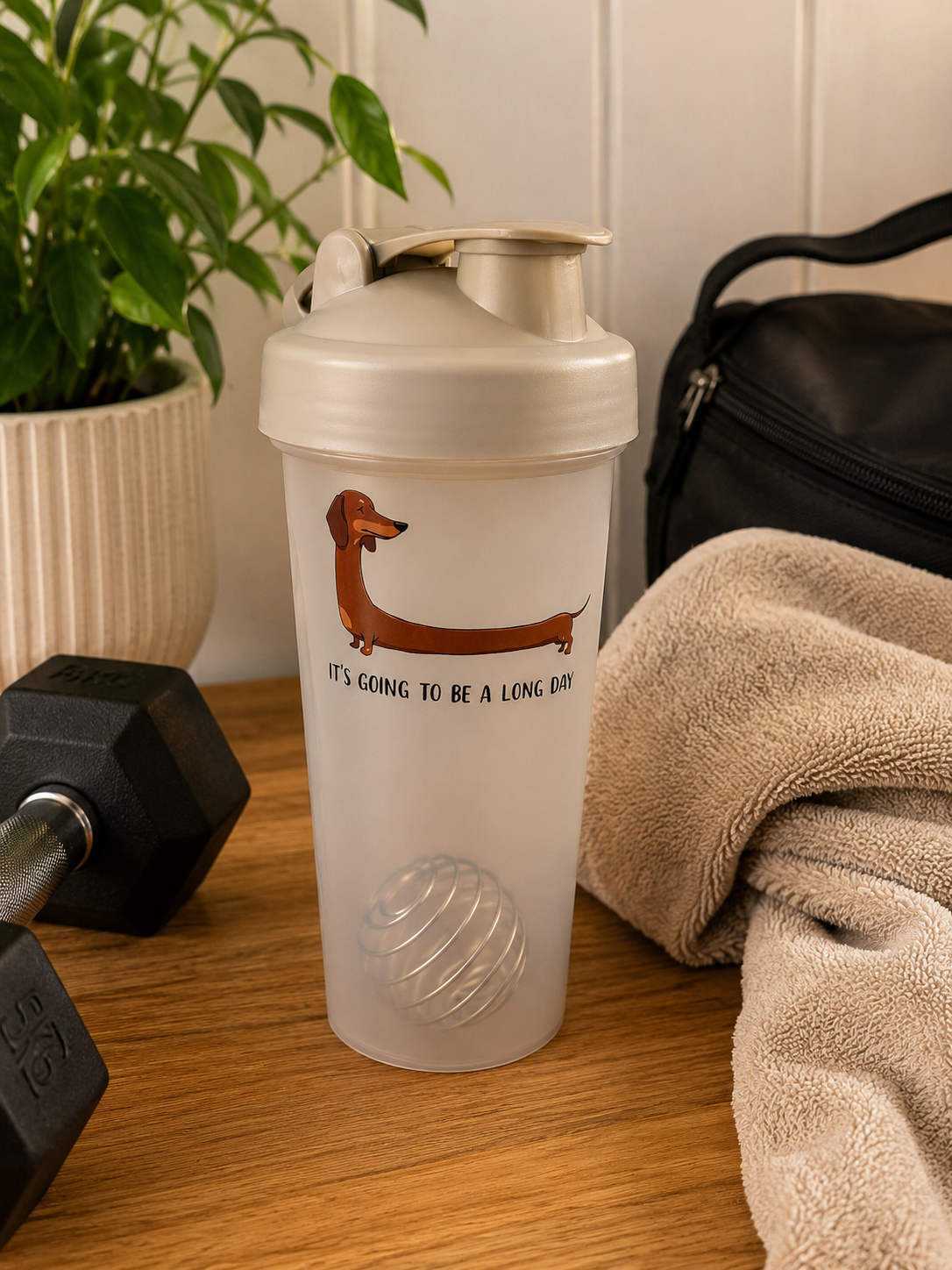 Protein Shake Bottle – “It’s Going To Be A Long Day” Dachshund Design
