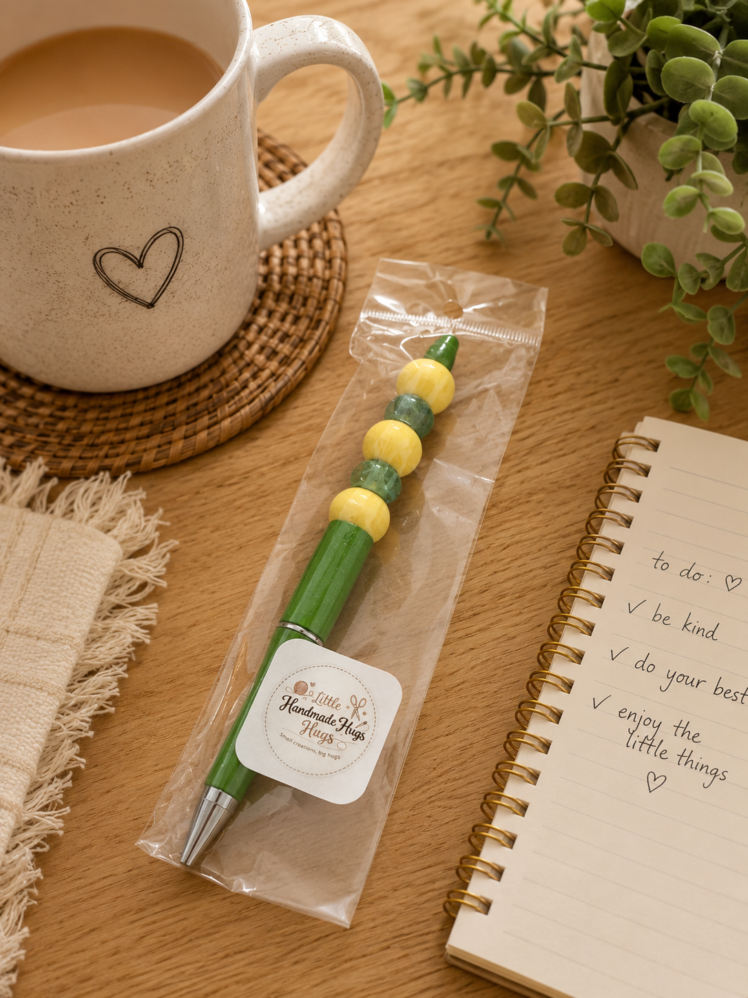 Green & Yellow Beaded Pen – Handmade Gift Pen