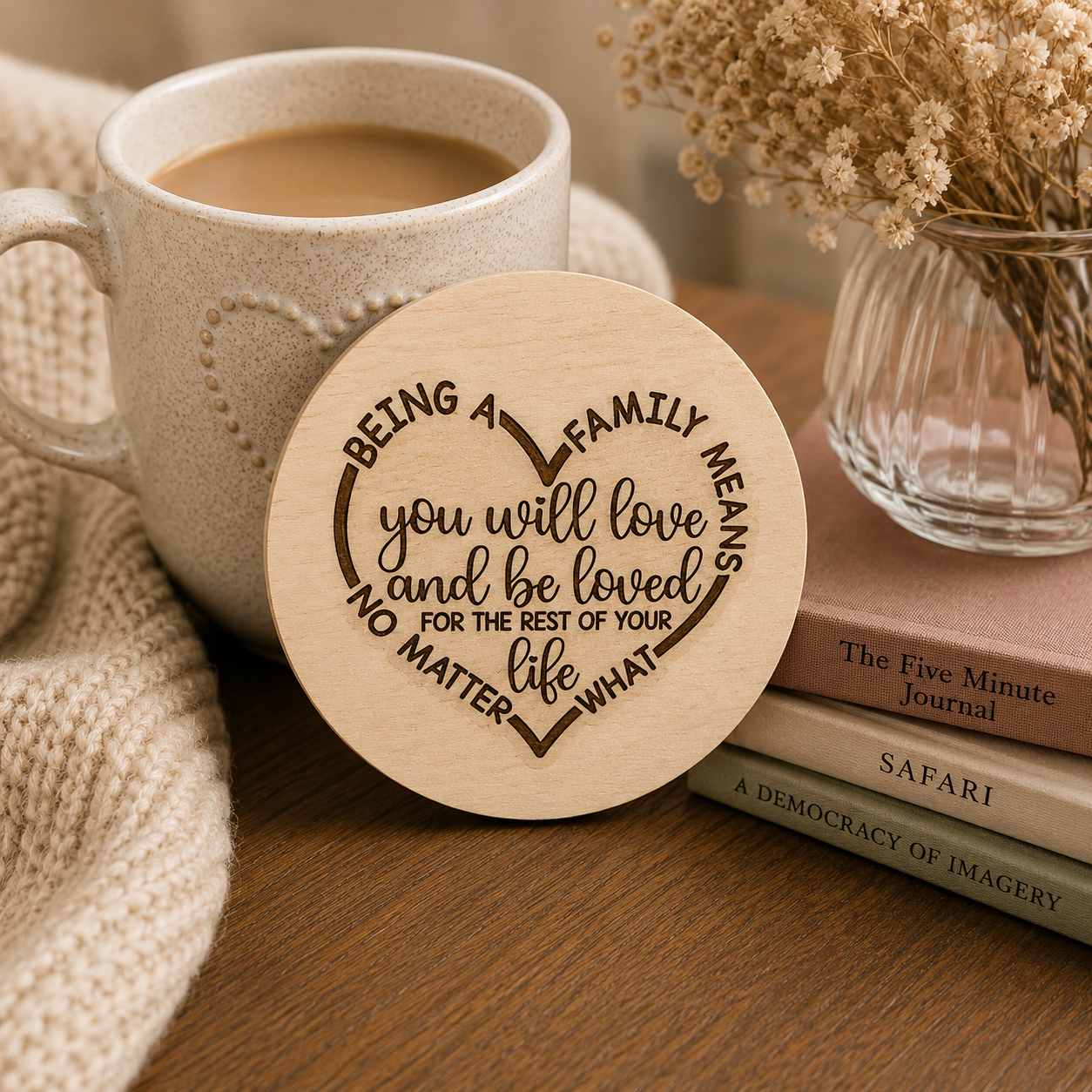 Family Quote Wooden Coaster – “Being A Family Means…”