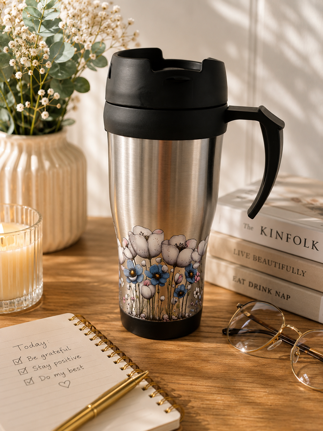 Floral Stainless Steel Travel Mug With Handle