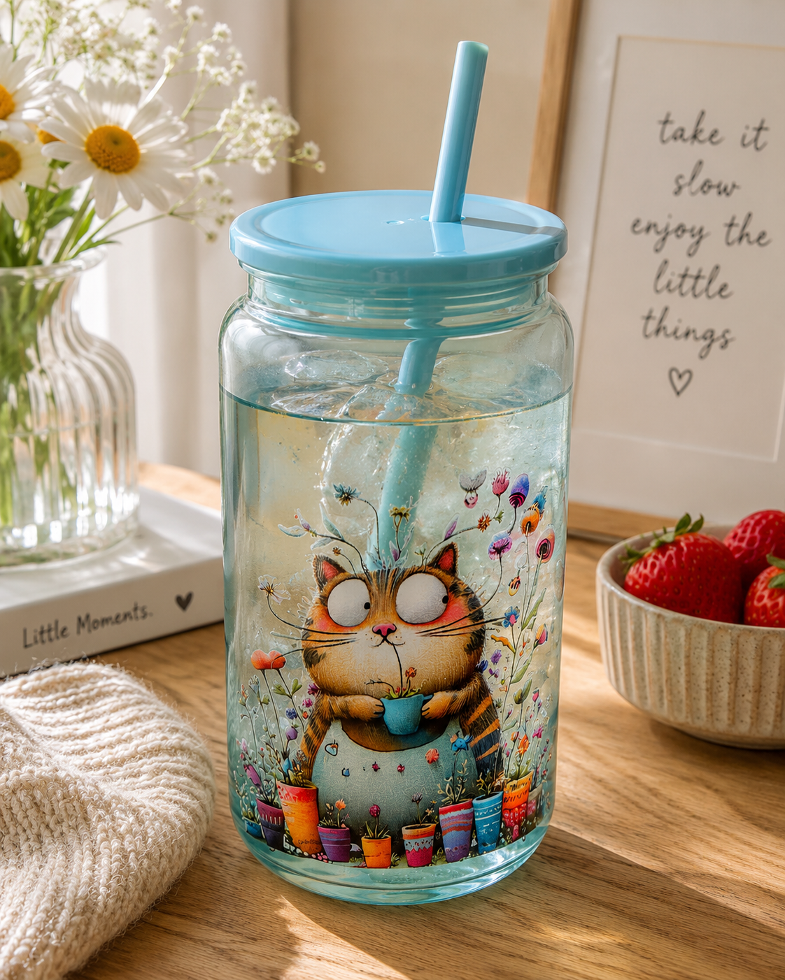 Cute Cat Tumbler with Straw – Blue