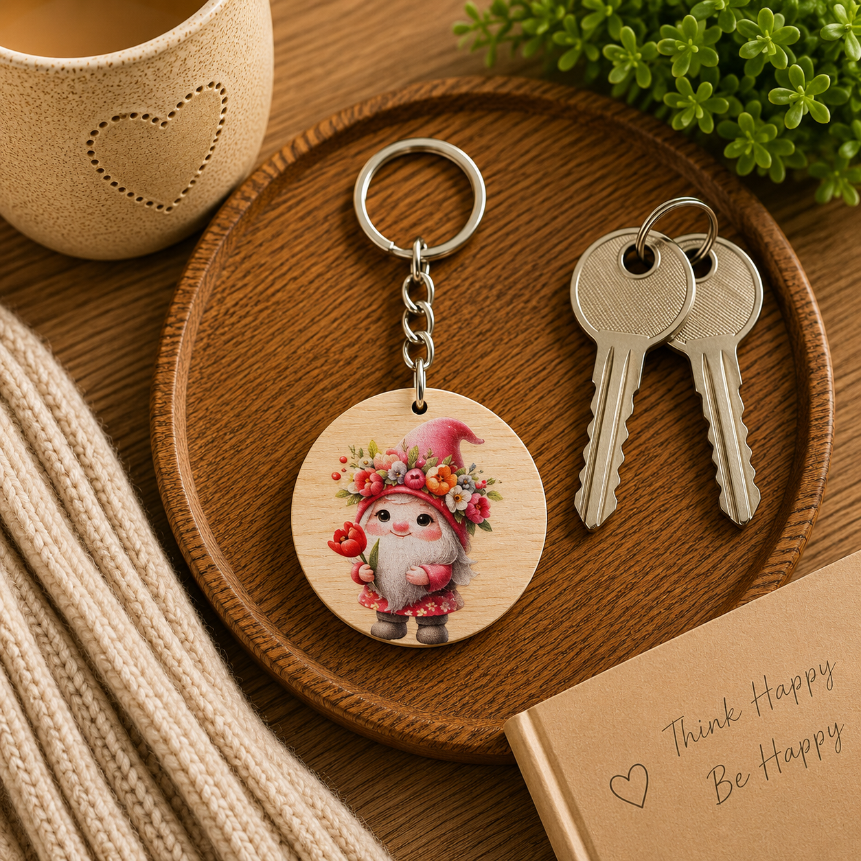 Floral Gnome Wooden Keyring