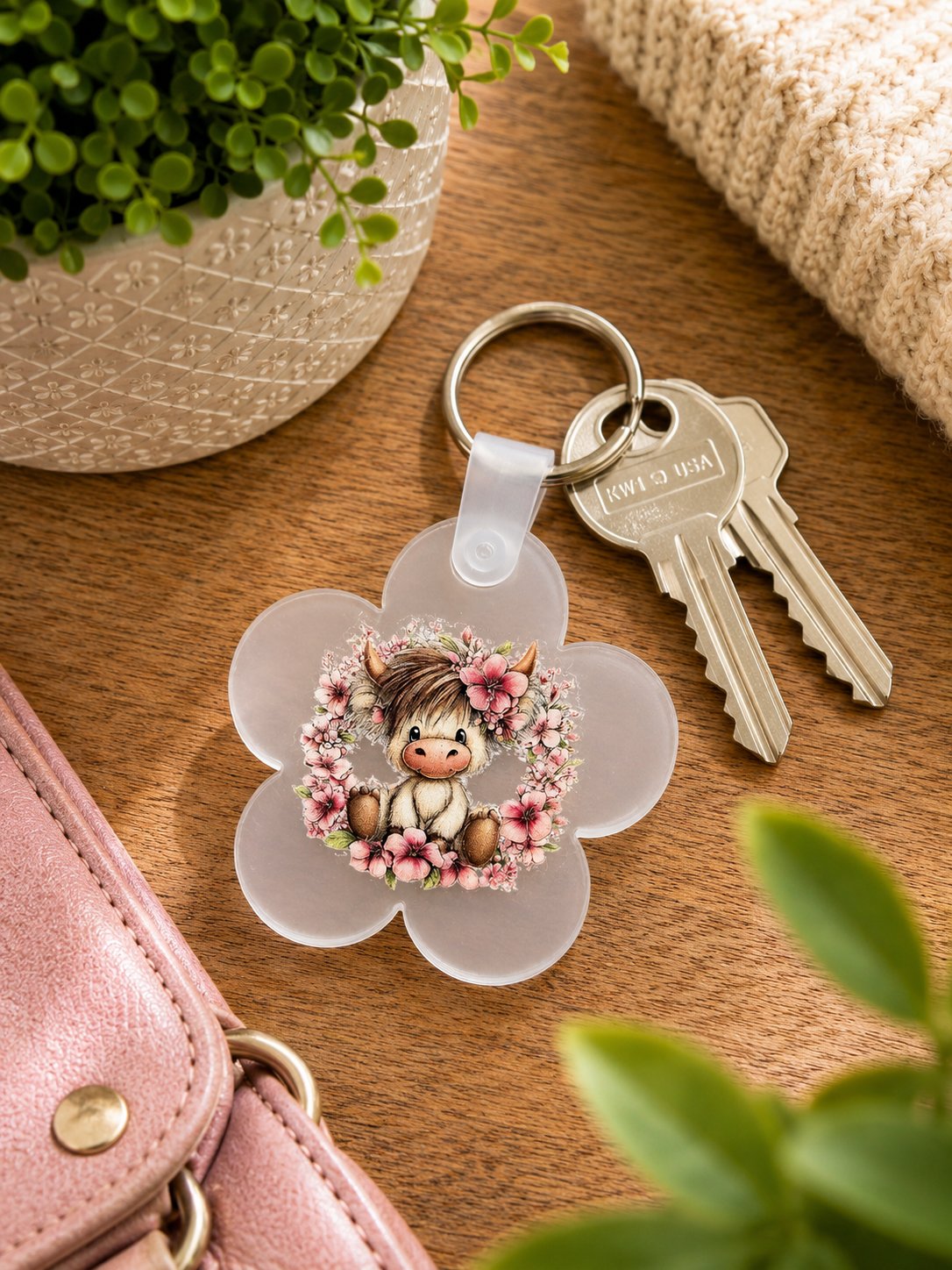Flower Highland Cow Acrylic Keyring 🤍🐮🌸
