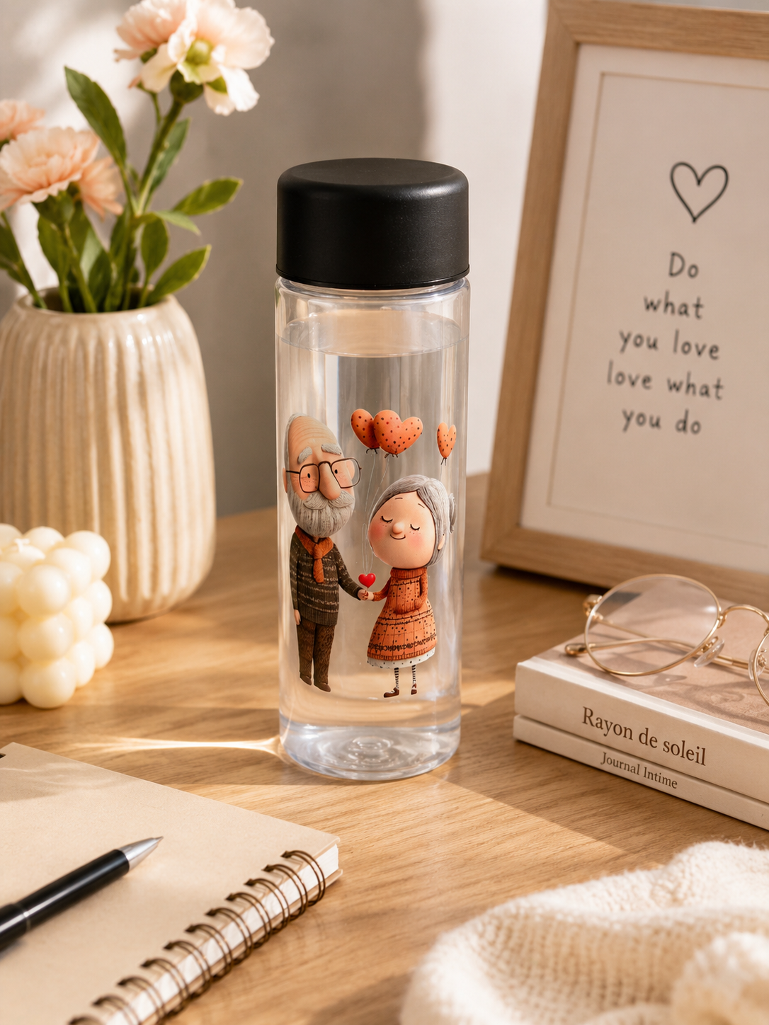 Cute Couple Plastic Water Bottle – Heart Balloon Design