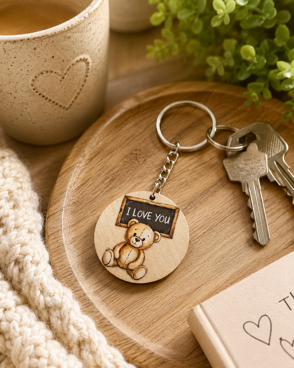 Teddy “I Love You” Wooden Keyring