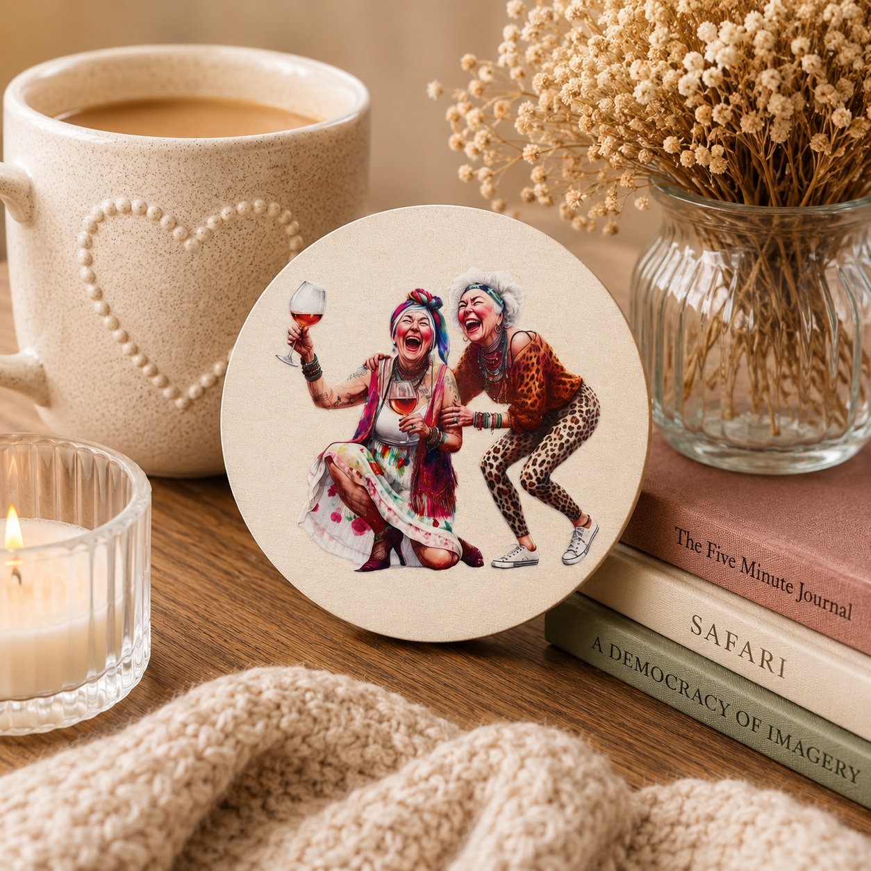 Funny Wine Friends Wooden Coaster – Laughing Ladies Design