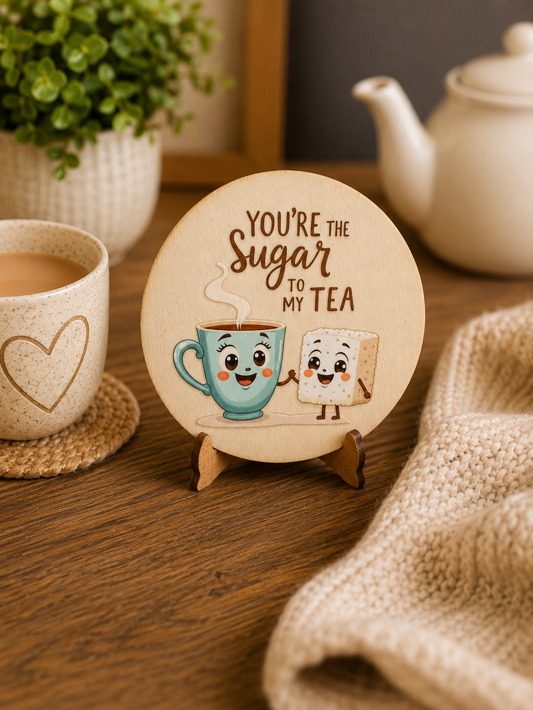 You’re The Sugar To My Tea Wooden Coaster | Cute Friendship & Couple Gif