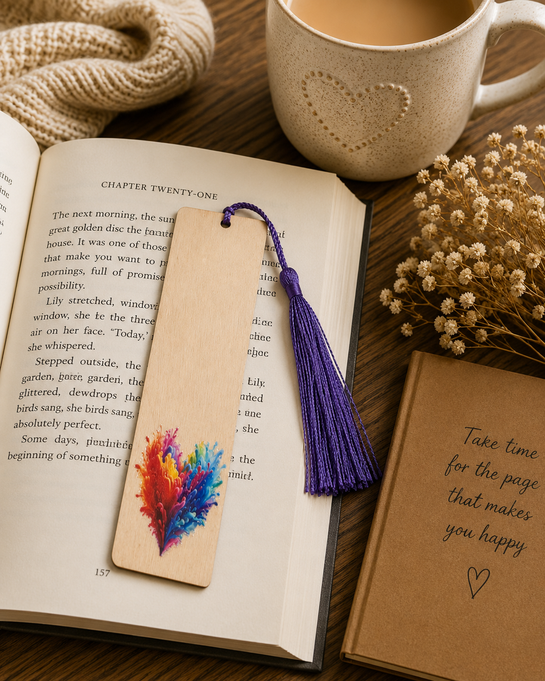 Wooden Heart Bookmark – Colour Splash Design