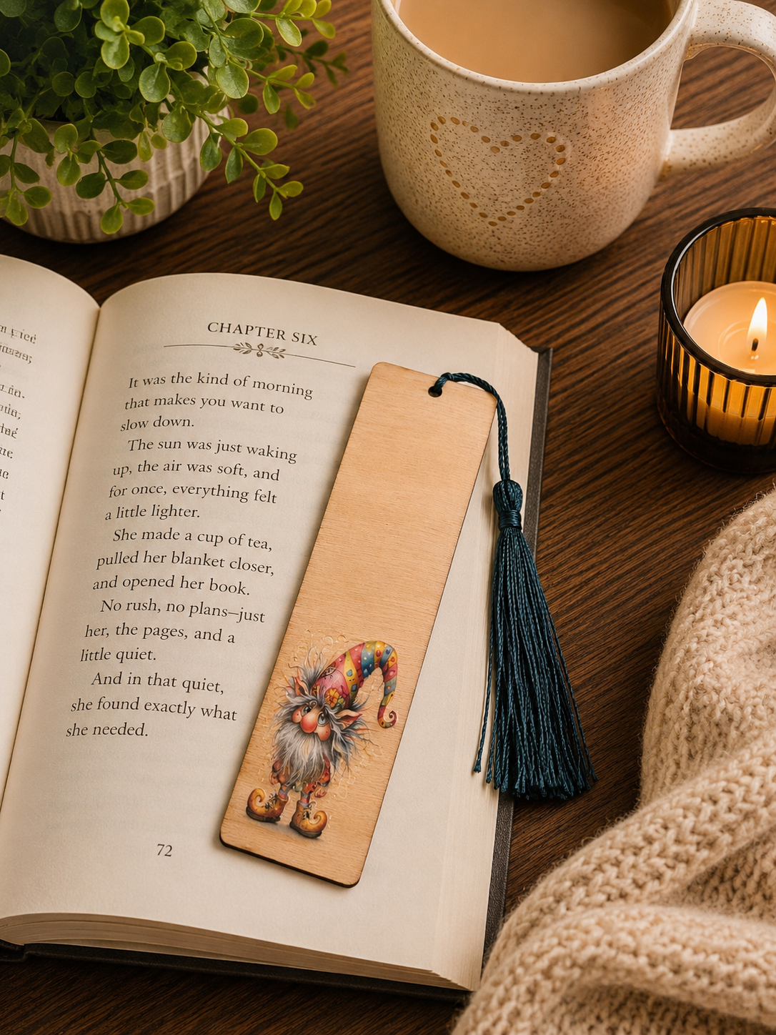 Whimsical Gnome Wooden Bookmark – Handmade Tassel Page Marker Gift