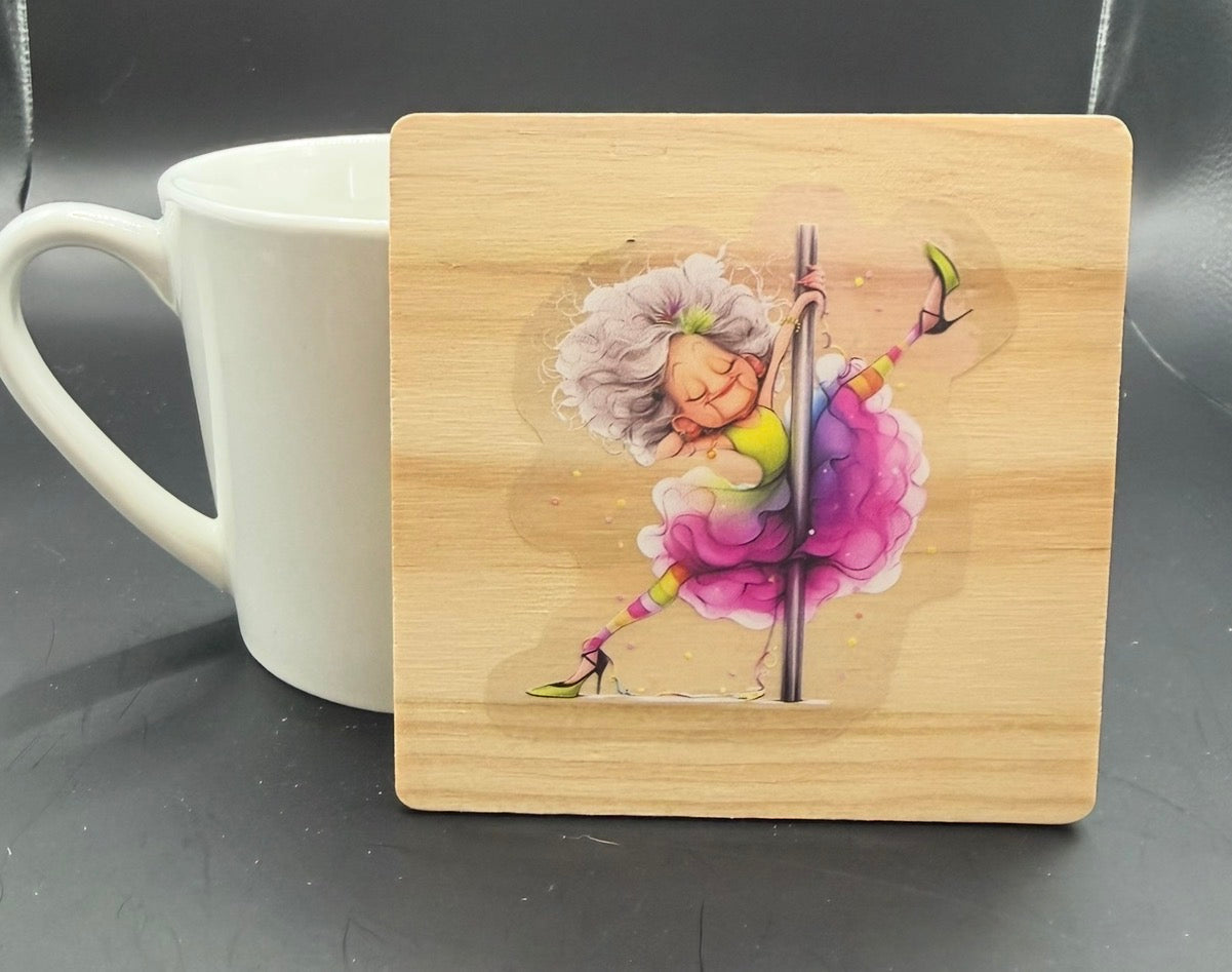 Funny Dancing Granny Wooden Coaster | Pole Dancing Nana Gift