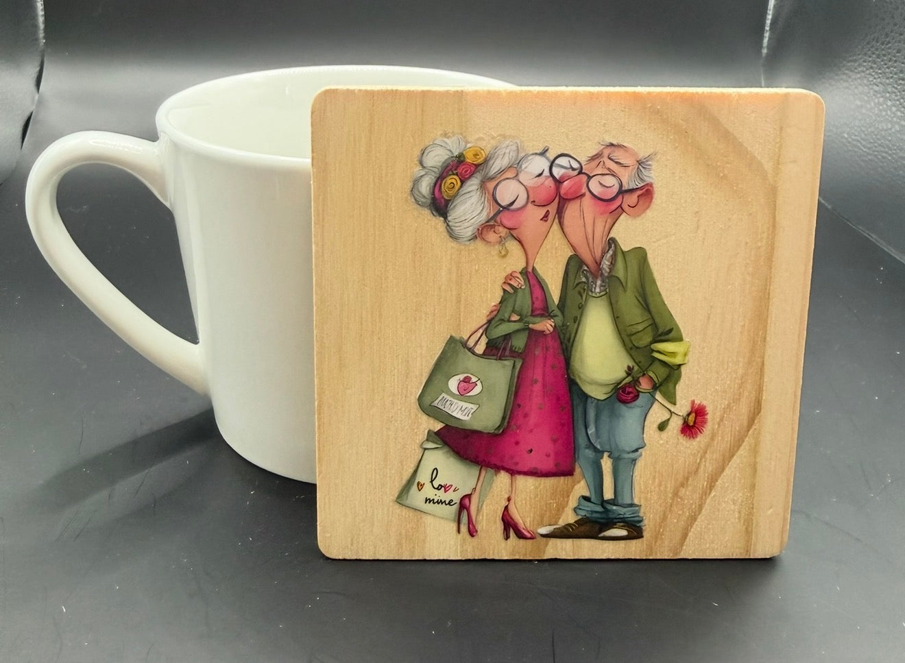 Cute Elderly Couple Wooden Coaster | Romantic Couple Coaster | Love & Companionship Gift