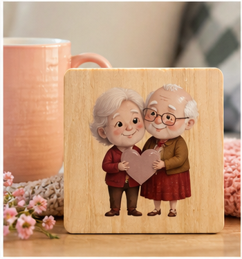 Cute Elderly Couple Coaster | Romantic Wooden Coaster | Anniversary Gift | Love Heart Coaster