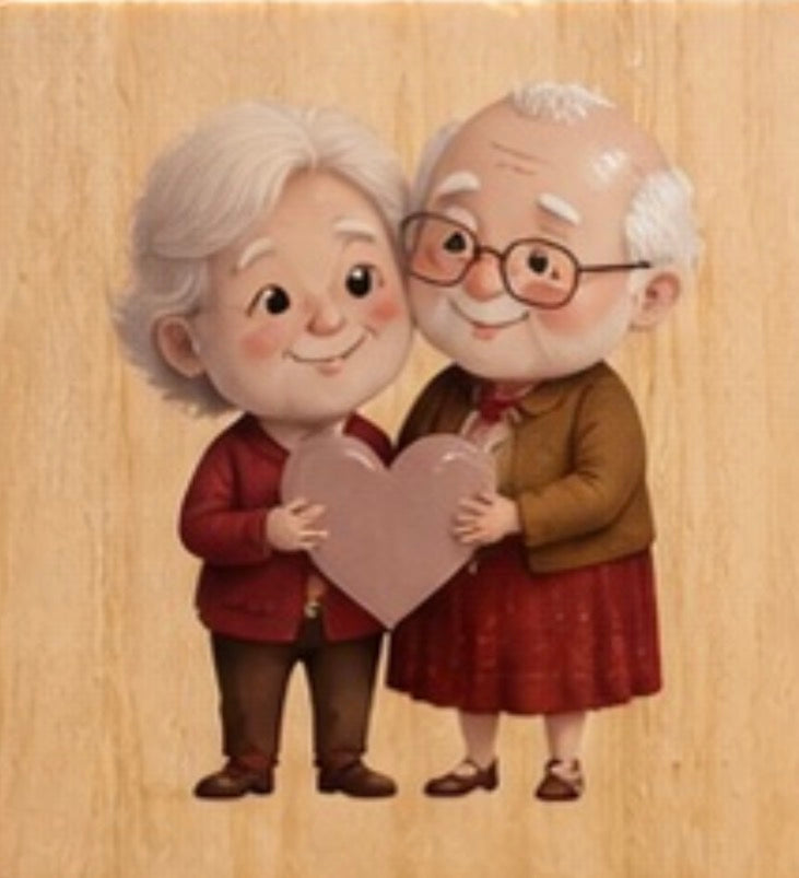 Cute Elderly Couple Coaster | Romantic Wooden Coaster | Anniversary Gift | Love Heart Coaster