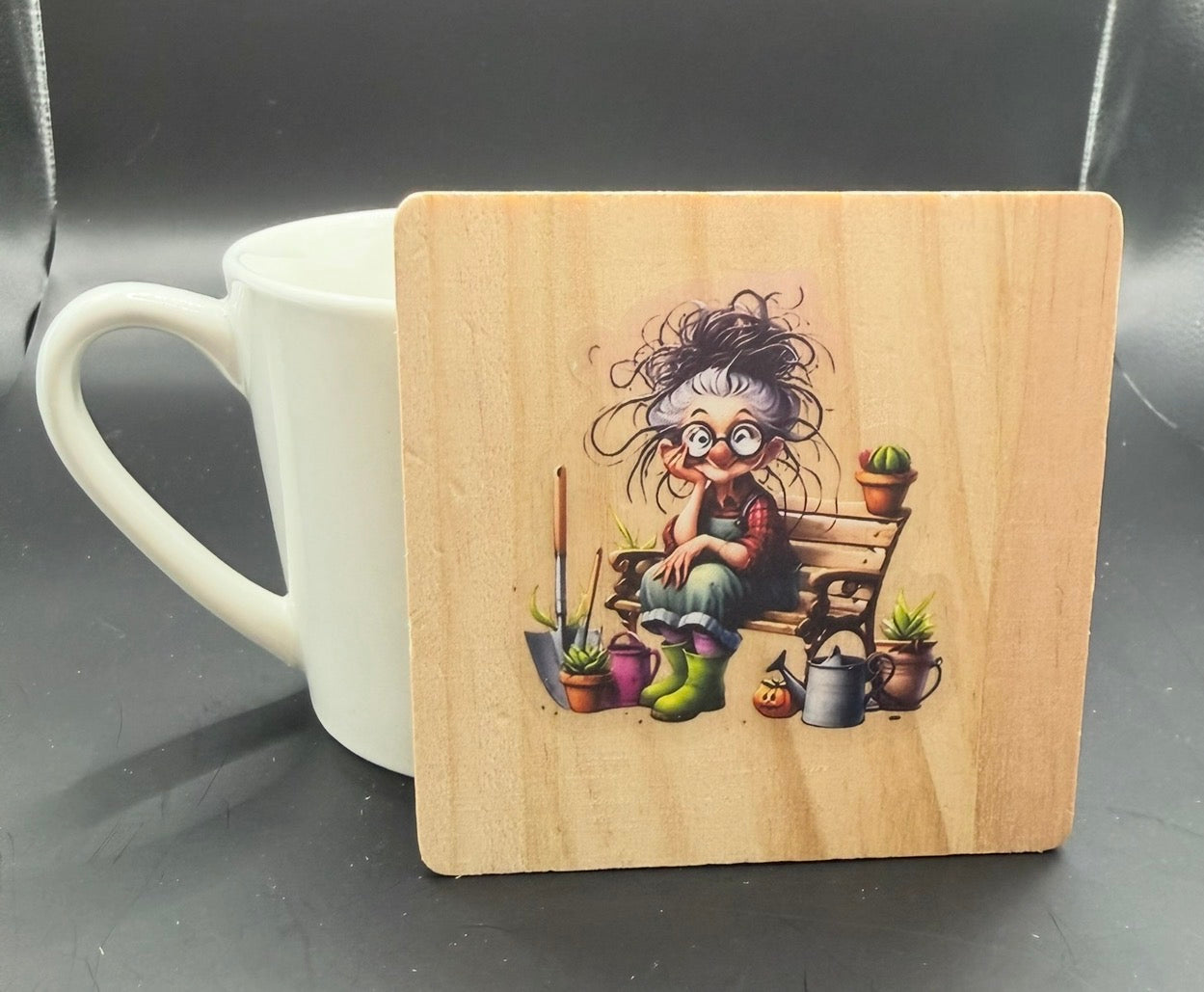 Funny Gardening Lady Wooden Coaster | Garden Lover Gift | Cute Rustic Coaster