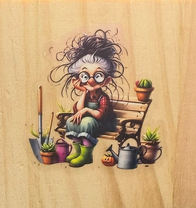 Funny Gardening Lady Wooden Coaster | Garden Lover Gift | Cute Rustic Coaster