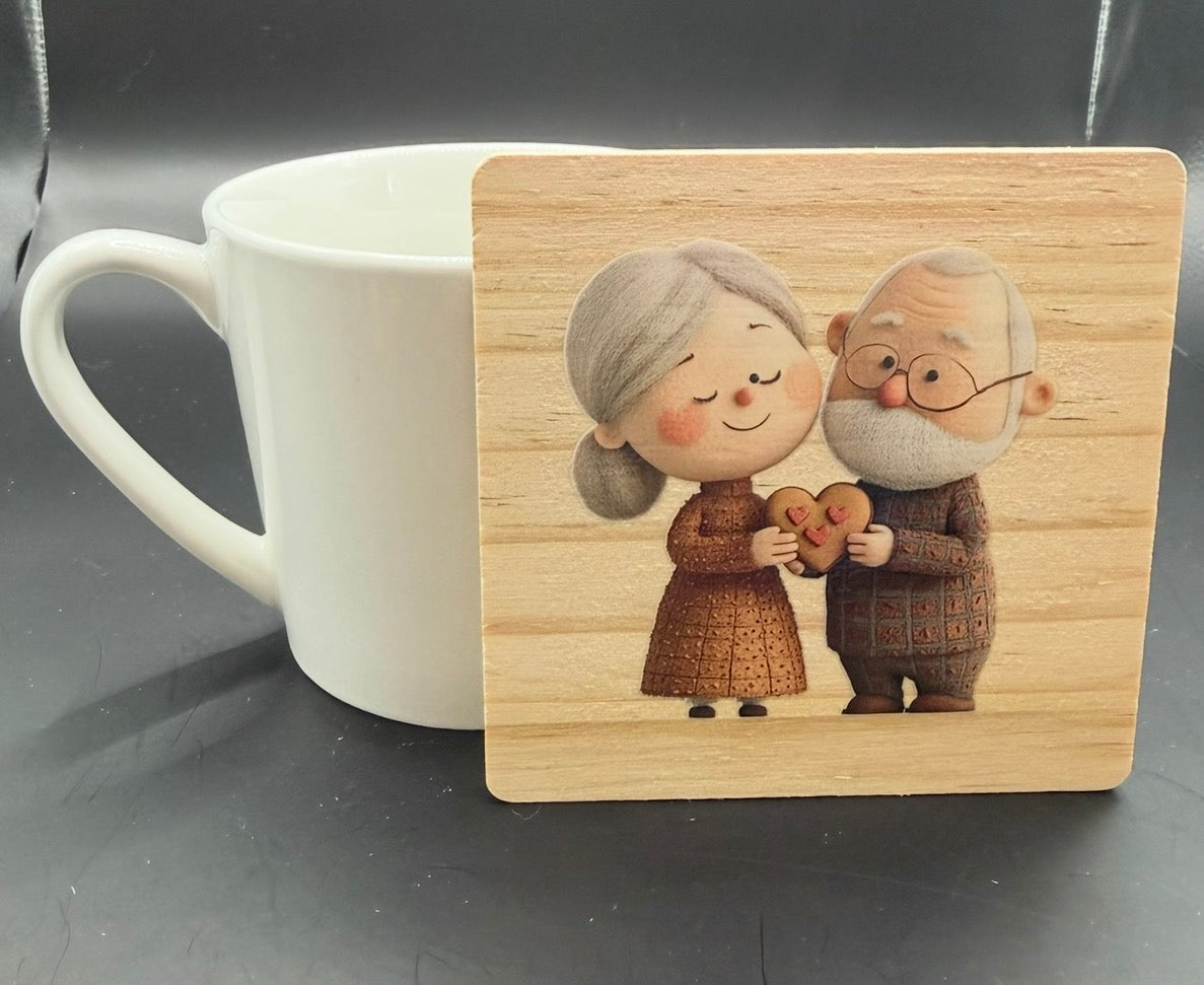 Cute Elderly Couple Wooden Coaster | Romantic Gift for Grandparents | Rustic Love Coaster