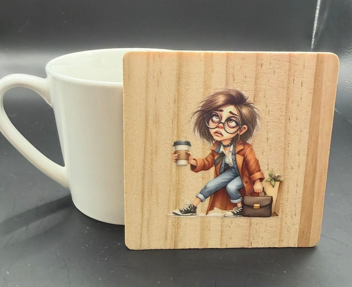 Funny Wooden Drinks Coaster | Rustic Humour Gift | Coffee Lover Coaster | Cute Tired Girl Coaster