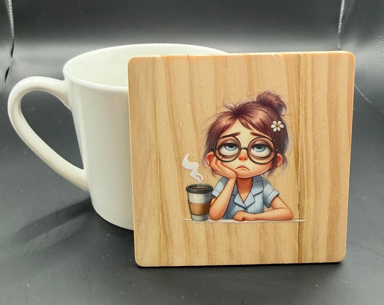 Tired Mum Coffee Wooden Coaster | Funny Coffee Lover Gift
