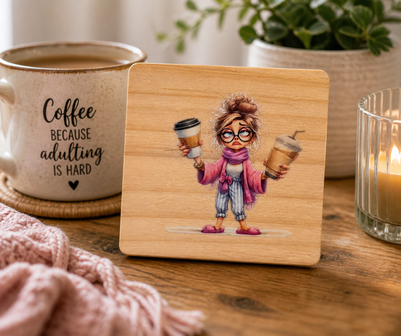 Tired Mum Coffee Coaster | Funny Wooden Drink Coaster | Gift for Busy Mums