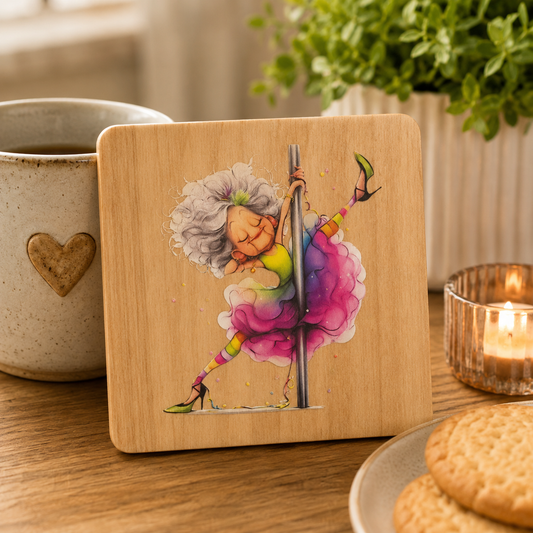Funny Dancing Granny Wooden Coaster | Pole Dancing Nana Gift