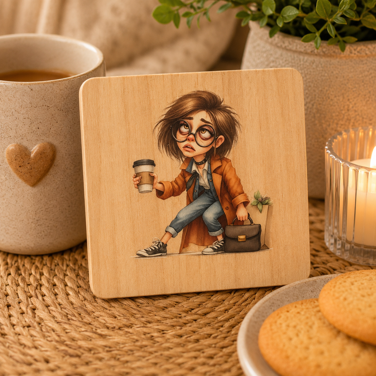 Funny Wooden Drinks Coaster | Rustic Humour Gift | Coffee Lover Coaster | Cute Tired Girl Coaster