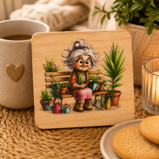 Gardening Grandma Wooden Drinks Coaster | Garden Lover Gift | Cute Plant Lover Coaster | Rustic Wooden Coaster