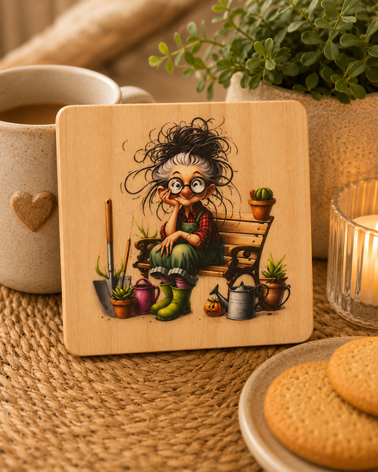Funny Gardening Lady Wooden Coaster | Garden Lover Gift | Cute Rustic Coaster