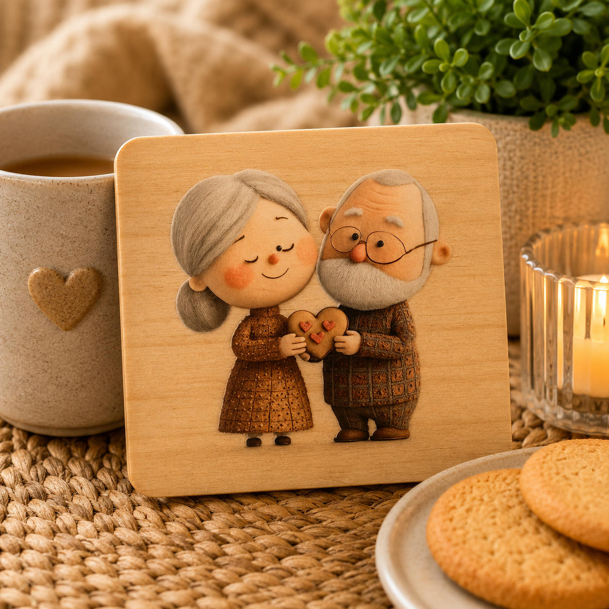 Cute Elderly Couple Wooden Coaster | Romantic Gift for Grandparents | Rustic Love Coaster