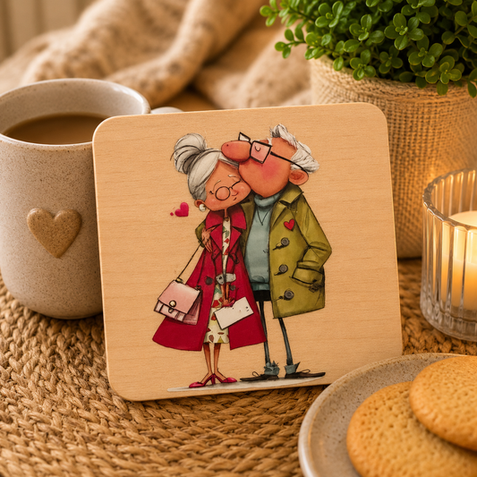 Cute Elderly Couple Wooden Coaster | Romantic Couple Coaster | Love & Companionship Gift