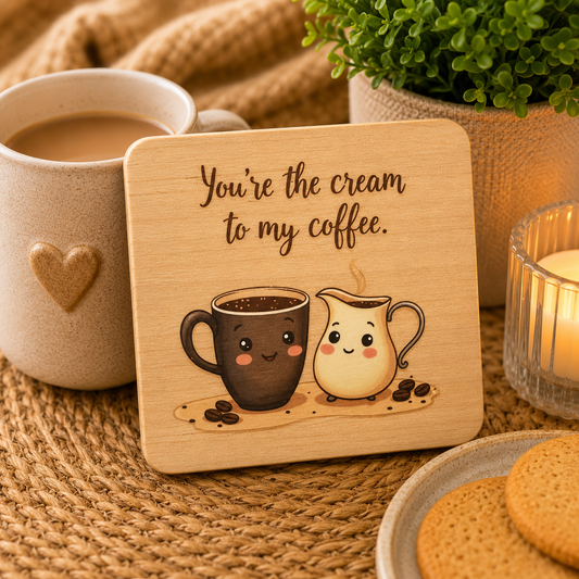 “You’re The Cream To My Coffee” Wooden Coaster | Cute Couple Coaster | Coffee Lover Gift