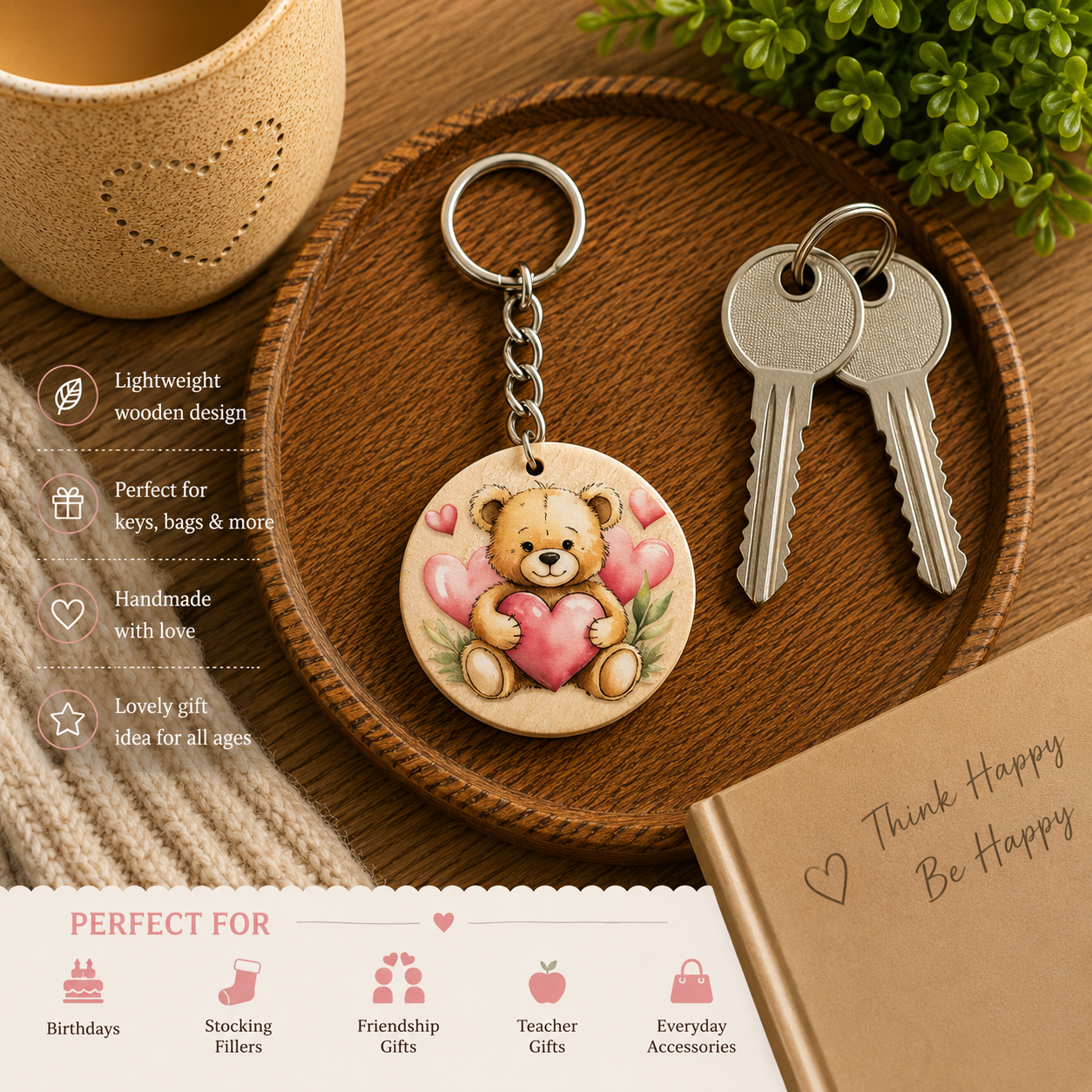 Teddy Bear Heart Wooden Keyring
