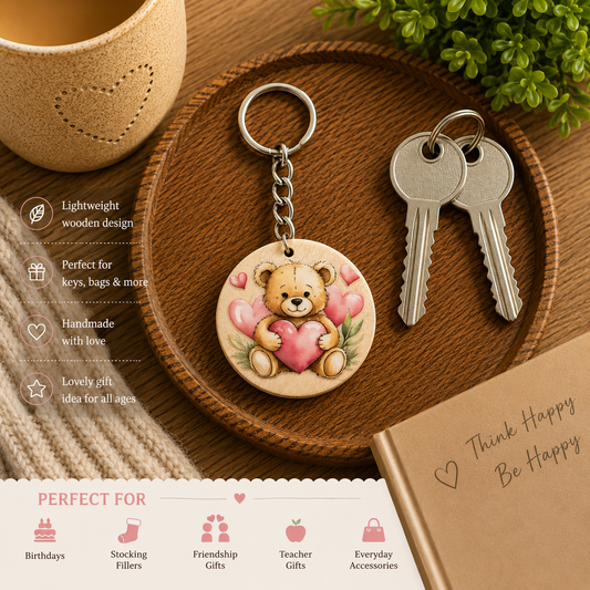 Teddy Bear Heart Wooden Keyring