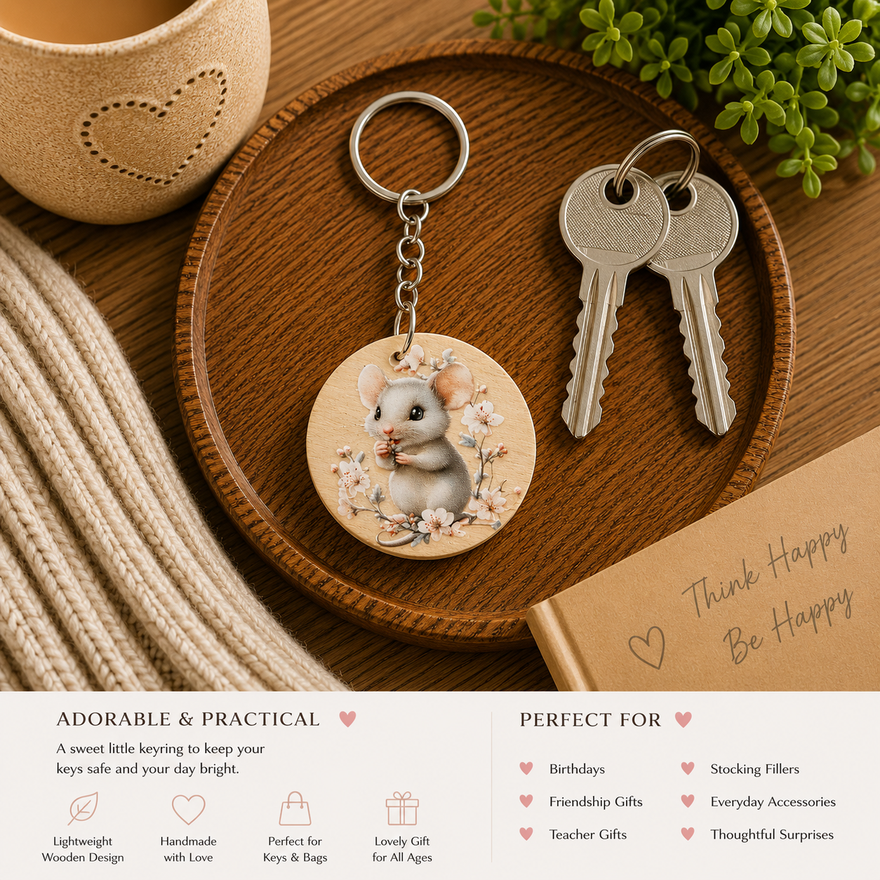 Cute Mouse Wooden Keyring